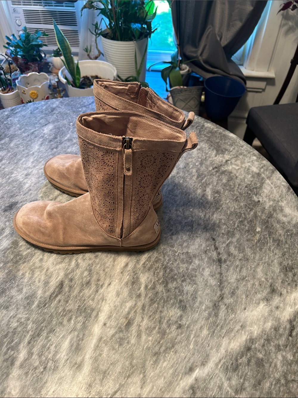 UGG Women's Tan Suede Ankle Booties with Laser-Cut Detail - Picture 2 of 7